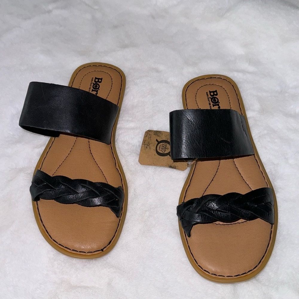 Born Womens Cherita Black Slide Sandals Leather Strap Size 6 - Picture 5 of 6